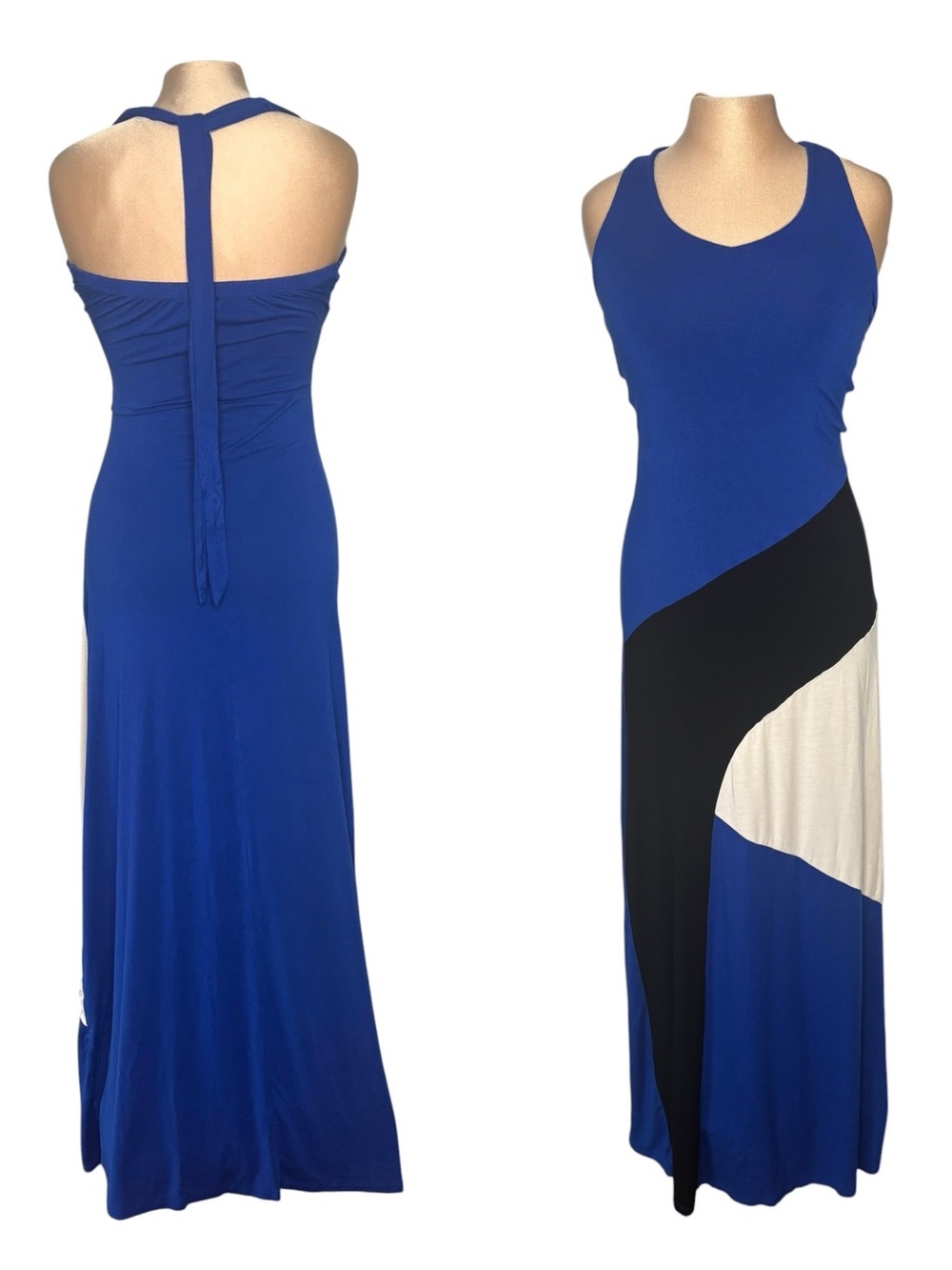 Maxi Dress halter-neck tie stretch colour-block Royal Blue, Black & White Small